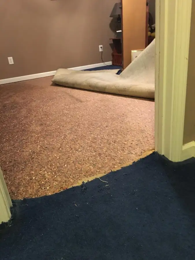 Carpet pad removal revealing water damage during Water Mitigation Services in Beatrice